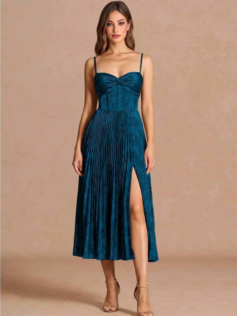 Azazie Teal Pleated Midi Dress with Side Slit - Picture 5 of 5